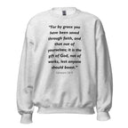 Unisex black sweatshirt with Ephesians 2:8-9 Bible verse printed in black text on front