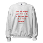Unisex navy blue sweatshirt with Luke 6:31 Bible verse printed in red text on front