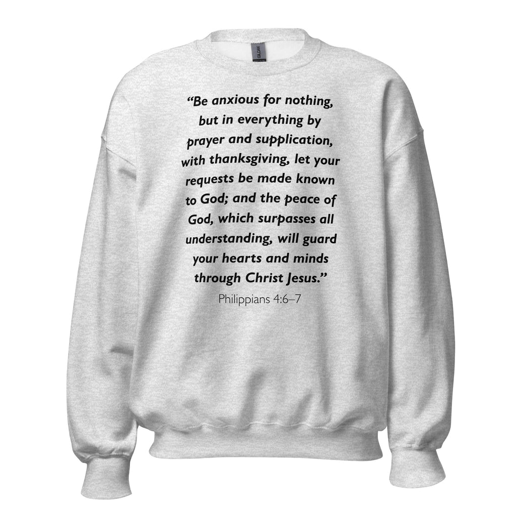Unisex navy blue sweatshirt with Philippians 4:6-7 Bible verse printed in black text on front