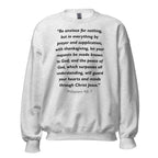 Unisex navy blue sweatshirt with Philippians 4:6-7 Bible verse printed in black text on front