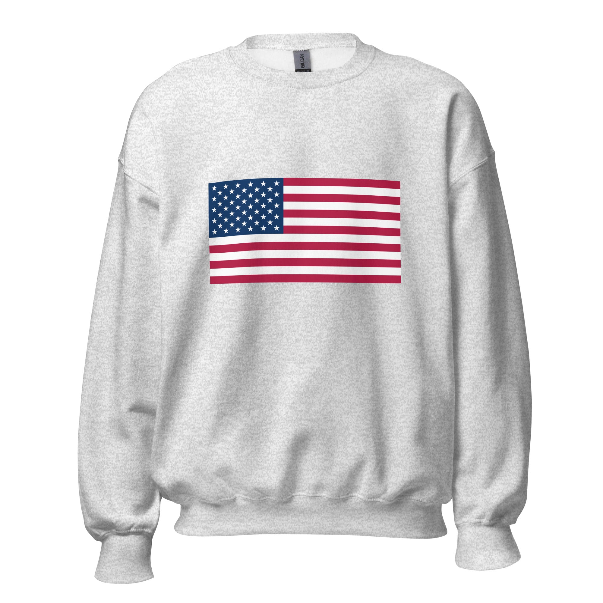 Unisex black sweatshirt featuring American flag design printed across the front chest