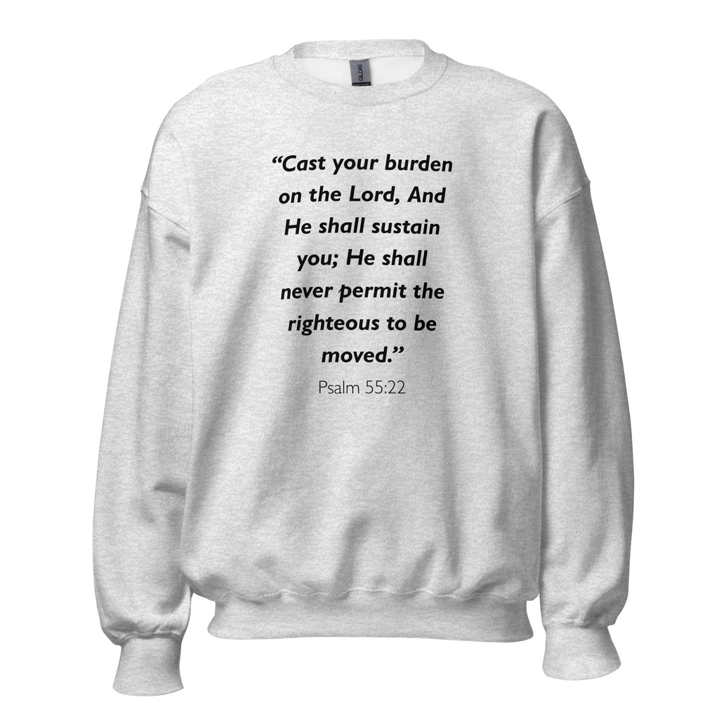 Unisex navy blue sweatshirt with Psalm 55:22 Bible verse printed in black text on front