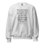 Unisex navy blue sweatshirt with Psalm 55:22 Bible verse printed in black text on front