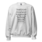 Unisex navy blue sweatshirt with Lamentations 3:22-23 Bible verse printed in black text on front