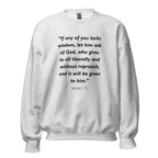 Unisex black sweatshirt with James 1:5 Bible verse printed in black text on front