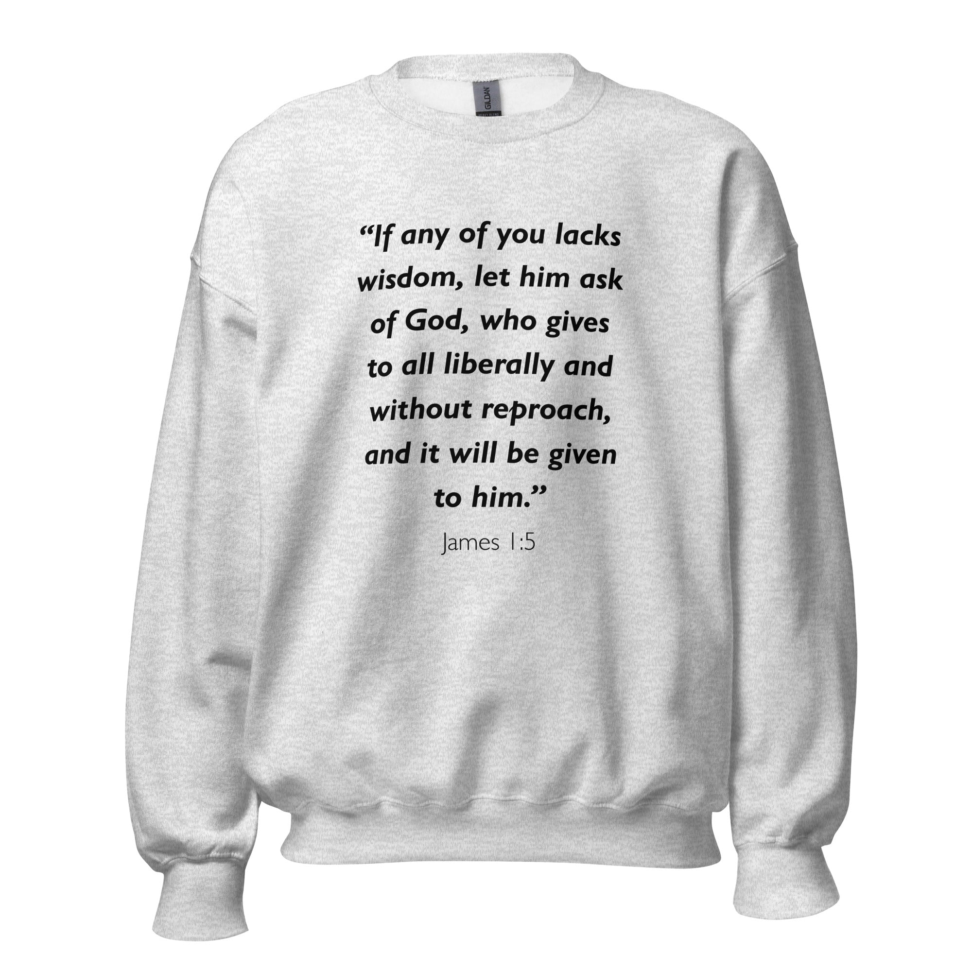 Unisex black sweatshirt with James 1:5 Bible verse printed in black text on front