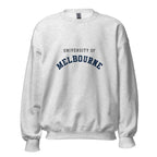 Unisex heather gray sweatshirt featuring University of Melbourne logo printed across the front chest