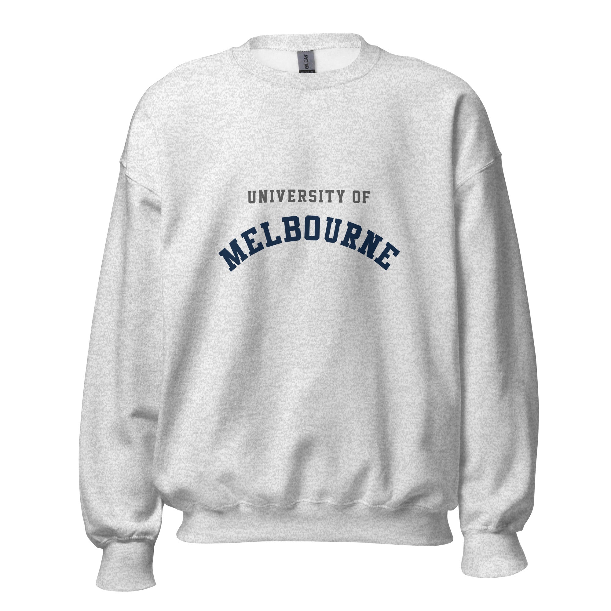 Unisex heather gray sweatshirt featuring University of Melbourne logo printed across the front chest