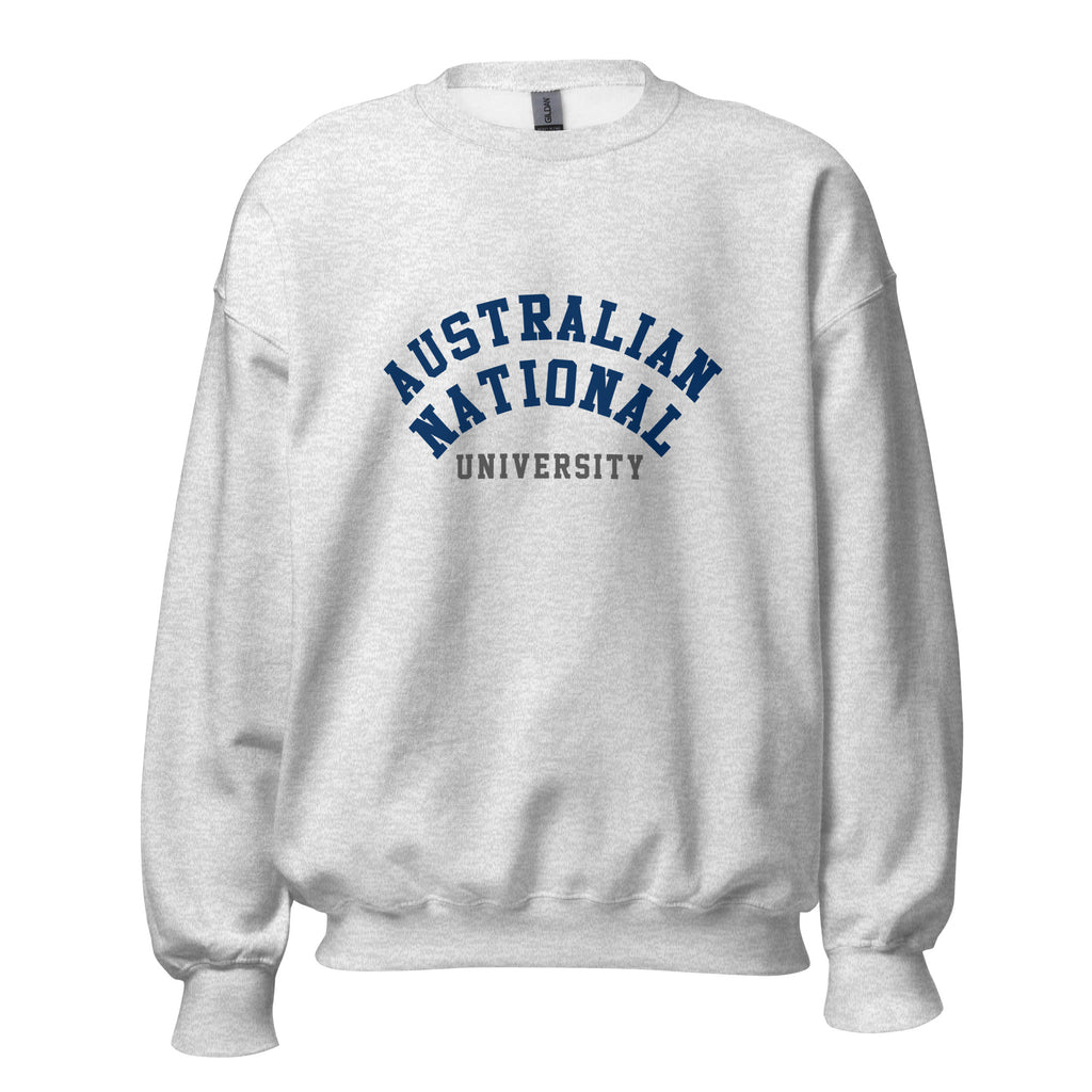 Unisex heather gray sweatshirt featuring Australian National University logo printed across the front chest