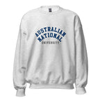 Unisex heather gray sweatshirt featuring Australian National University logo printed across the front chest