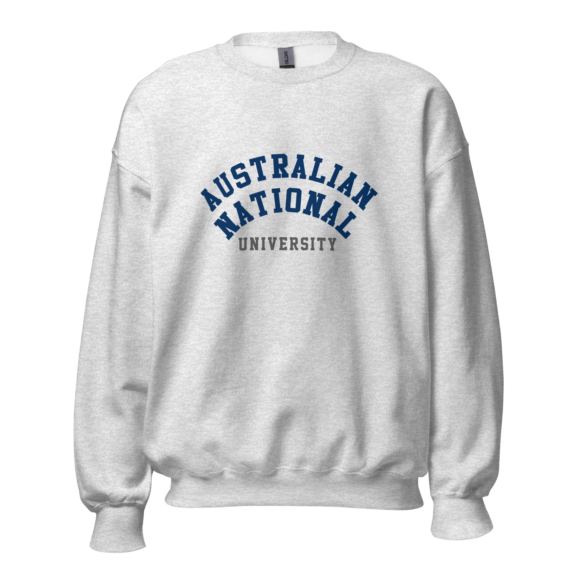 Unisex heather gray sweatshirt featuring Australian National University logo printed across the front chest