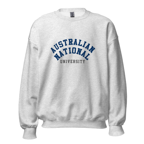 Unisex heather gray sweatshirt featuring Australian National University logo printed across the front chest