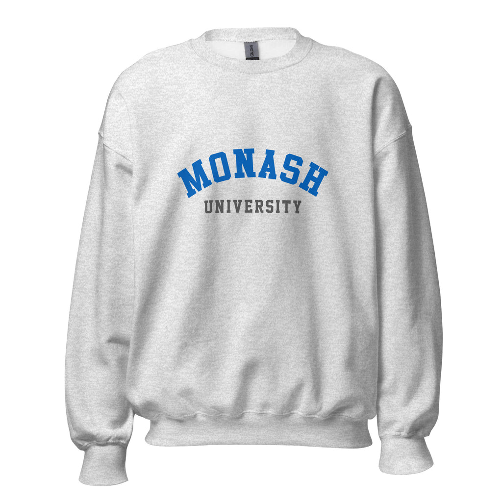 Unisex black sweatshirt featuring Monash University logo printed across the front chest