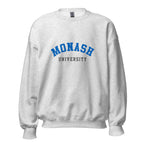 Unisex black sweatshirt featuring Monash University logo printed across the front chest
