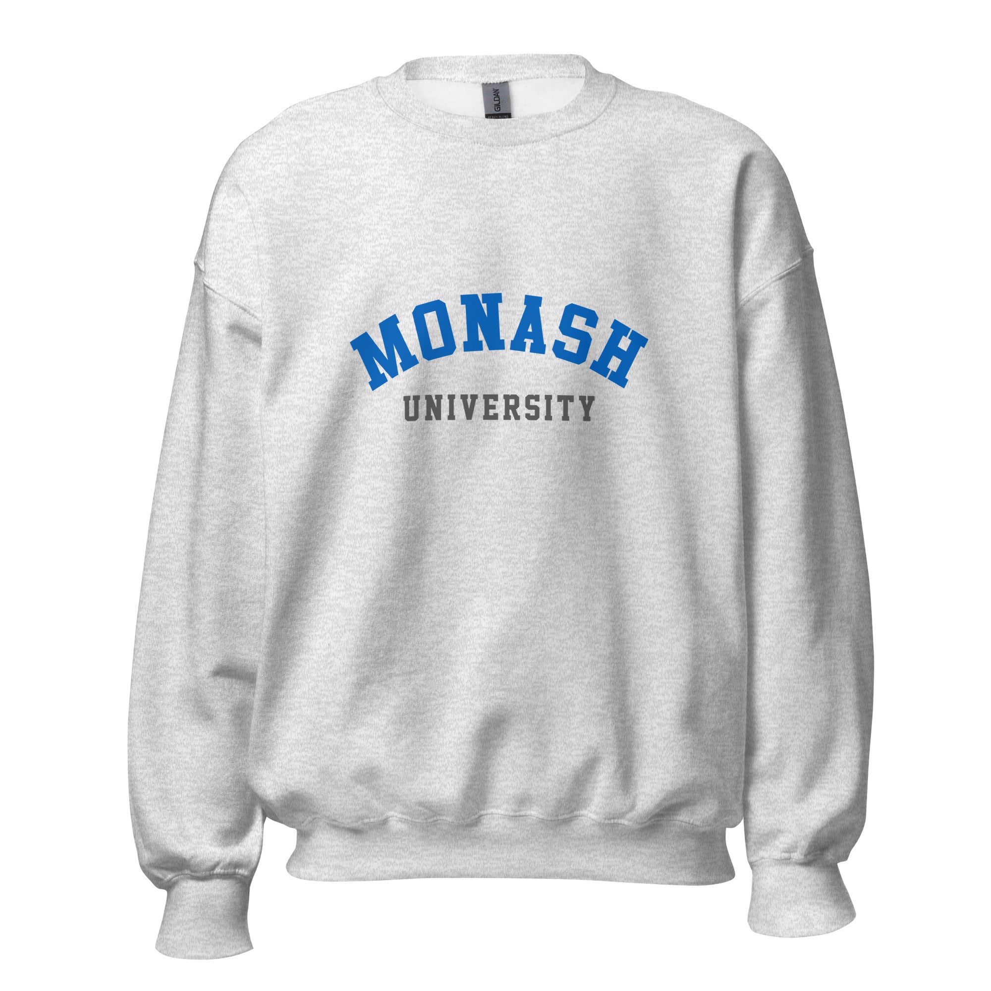 Unisex black sweatshirt featuring Monash University logo printed across the front chest