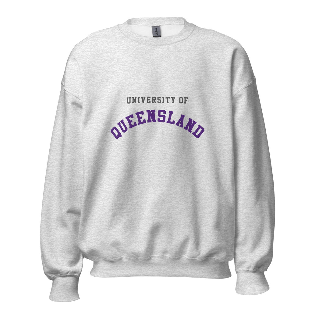 Unisex black sweatshirt featuring University of Queensland logo printed across the front chest