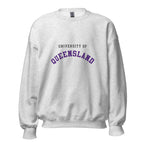 Unisex black sweatshirt featuring University of Queensland logo printed across the front chest