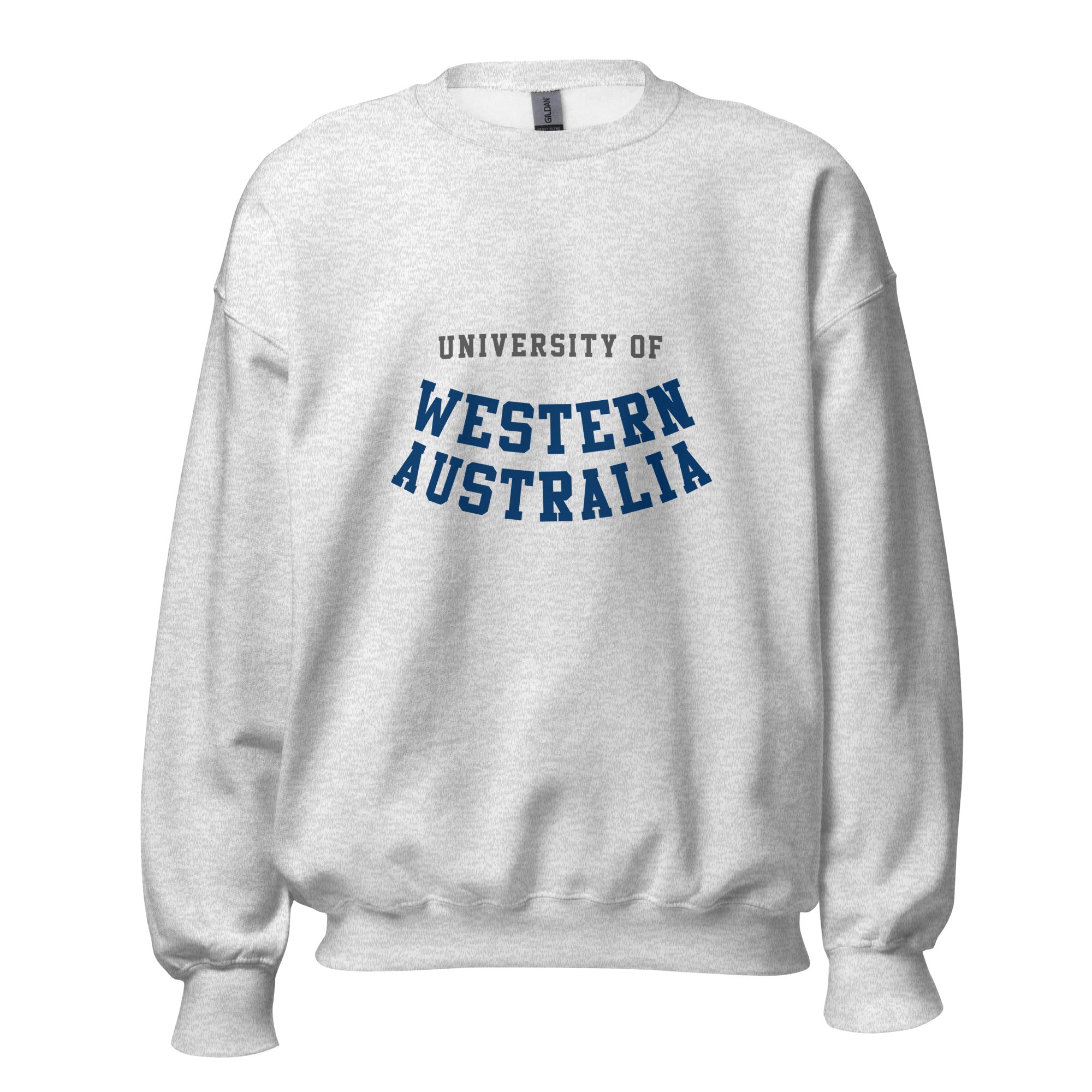 Unisex black sweatshirt featuring University of Western Australia logo printed across the front chest