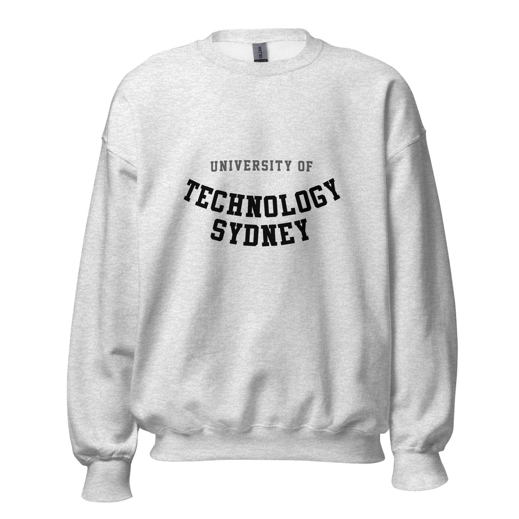 Unisex black sweatshirt featuring University of Technology Sydney logo printed across the front chest