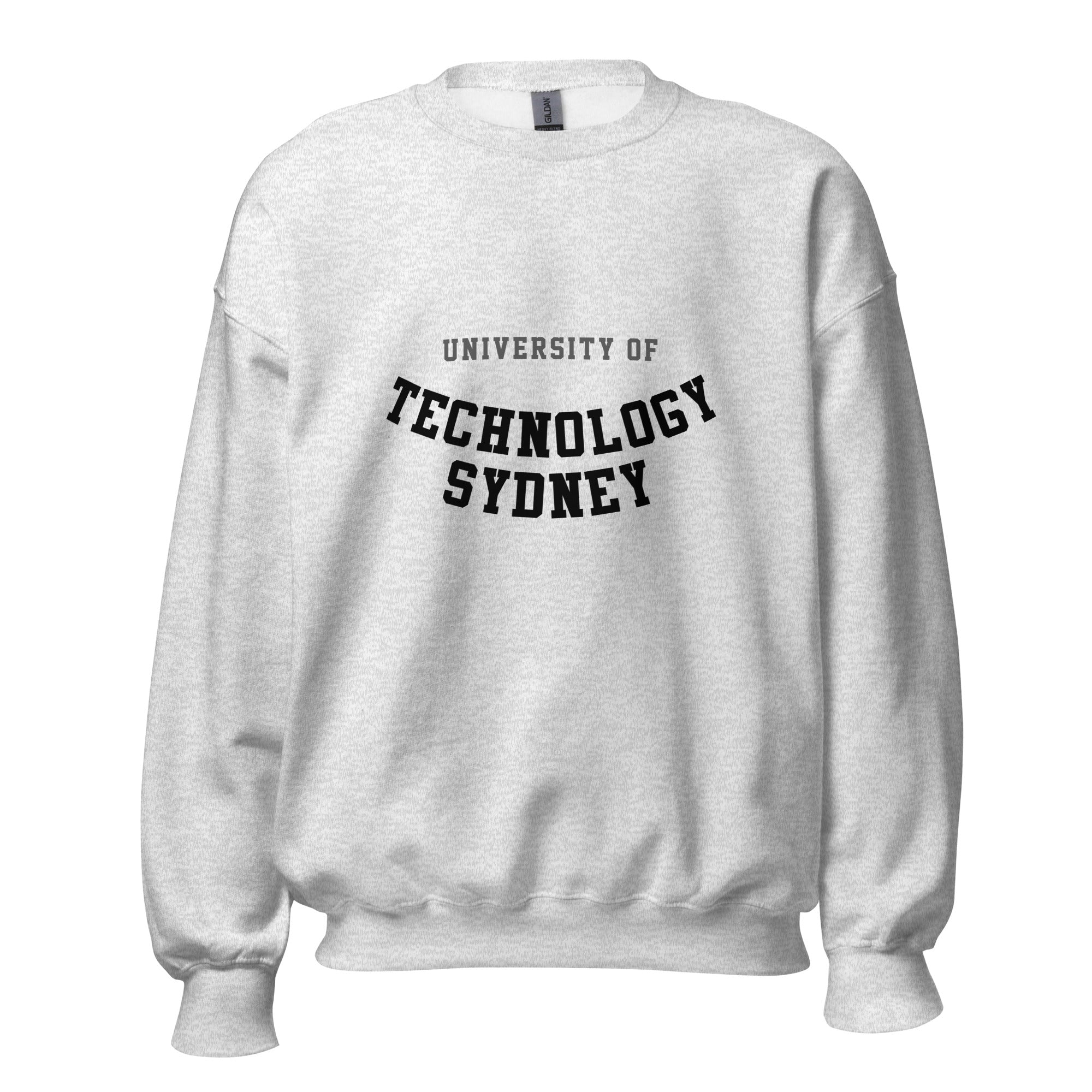 Unisex black sweatshirt featuring University of Technology Sydney logo printed across the front chest
