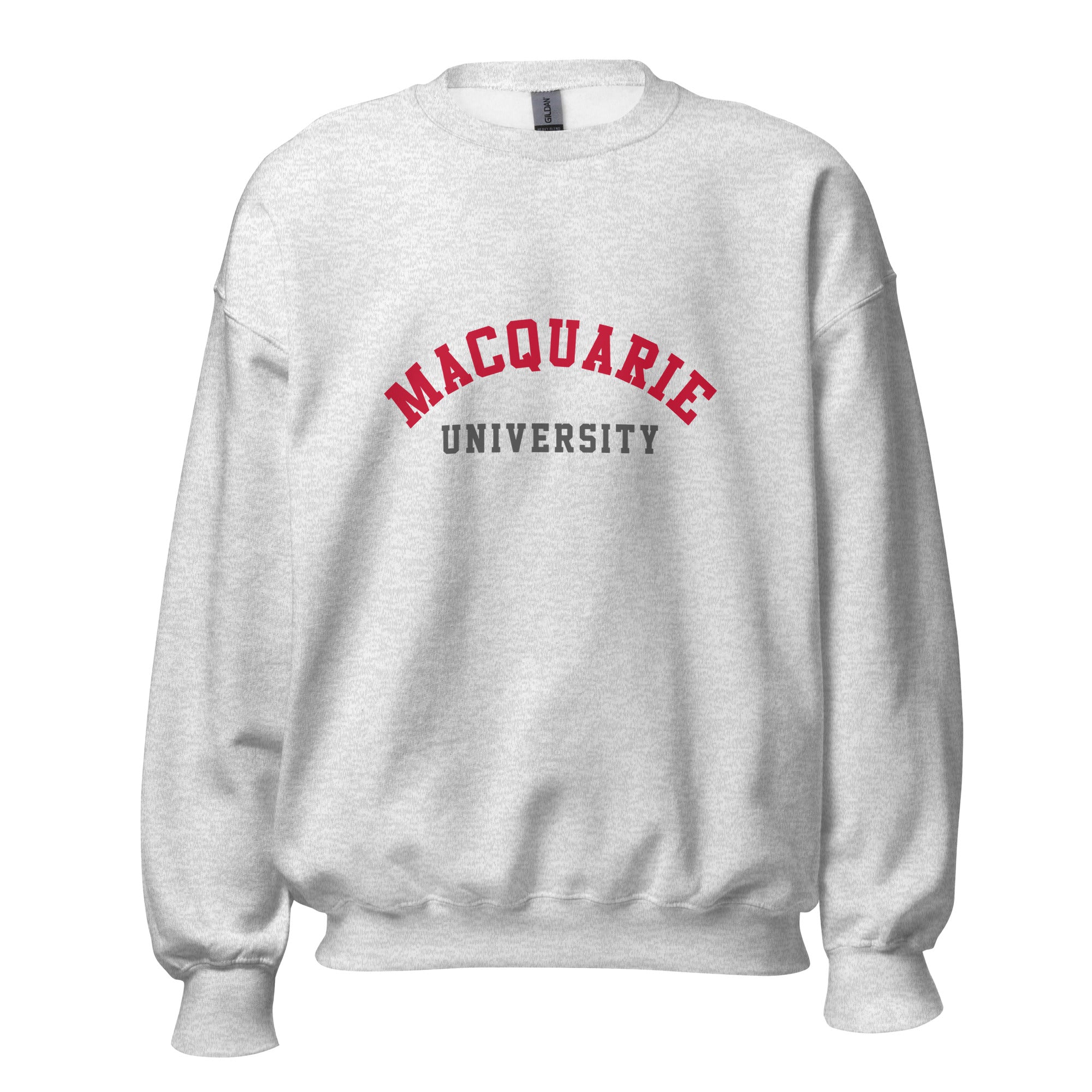 Unisex heather gray sweatshirt featuring Macquarie University logo printed across the front chest