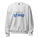 Unisex heather gray sweatshirt featuring University of Otago logo printed across the front chest