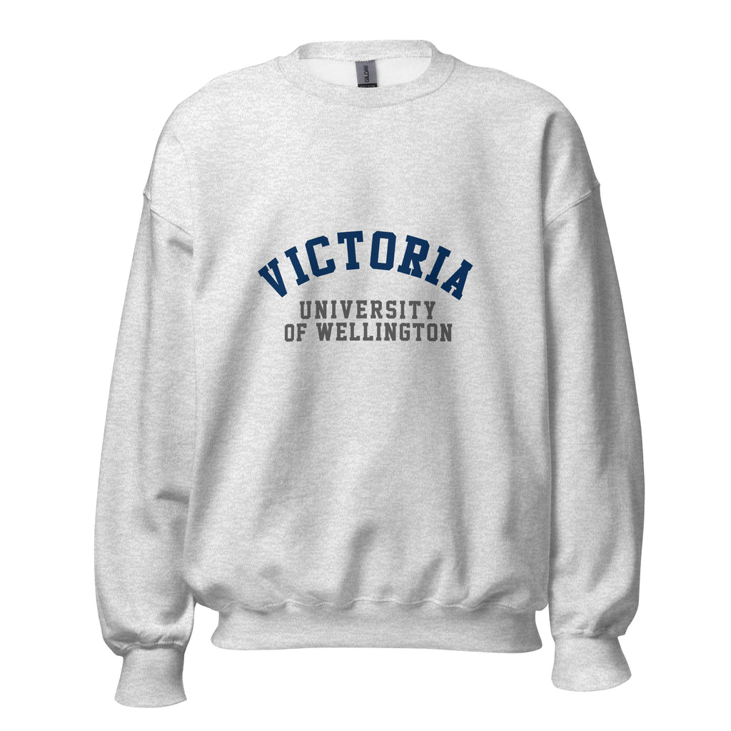 Unisex black sweatshirt featuring Victoria University of Wellington logo printed across the front chest