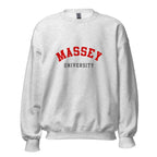 Unisex heather gray sweatshirt featuring Massey University logo printed across the front chest