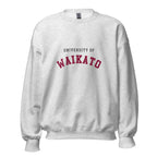 Unisex black sweatshirt featuring University of Waikato logo printed across the front chest