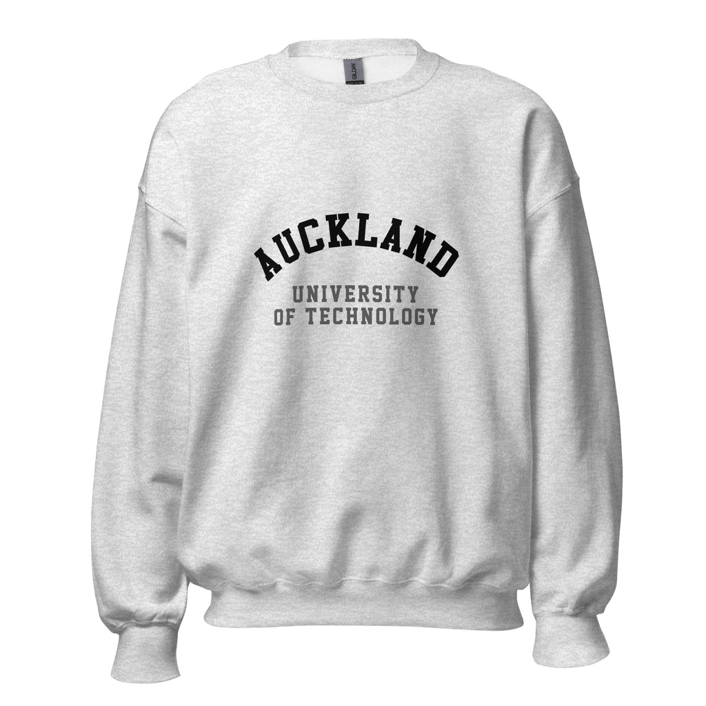 Unisex black sweatshirt featuring Auckland University of Technology logo printed across the front chest