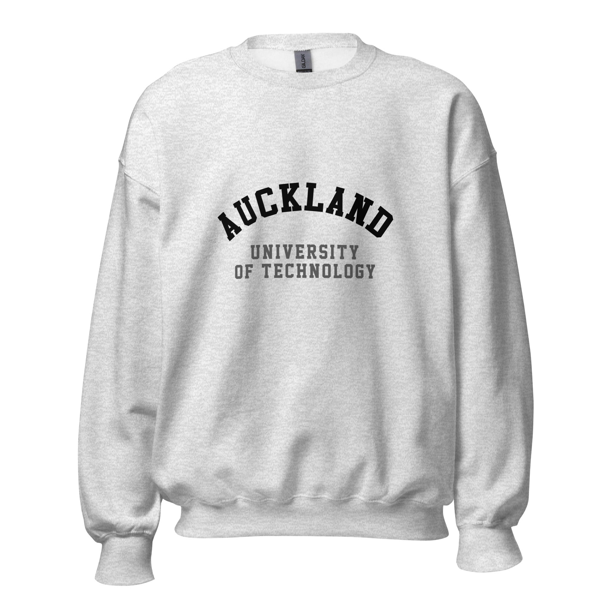 Unisex black sweatshirt featuring Auckland University of Technology logo printed across the front chest