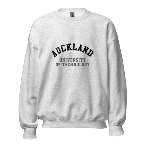 Unisex black sweatshirt featuring Auckland University of Technology logo printed across the front chest