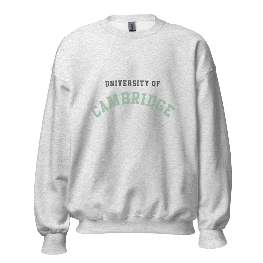 Unisex heather gray sweatshirt featuring University of Cambridge logo printed across the front chest