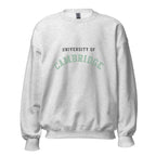Unisex heather gray sweatshirt featuring University of Cambridge logo printed across the front chest
