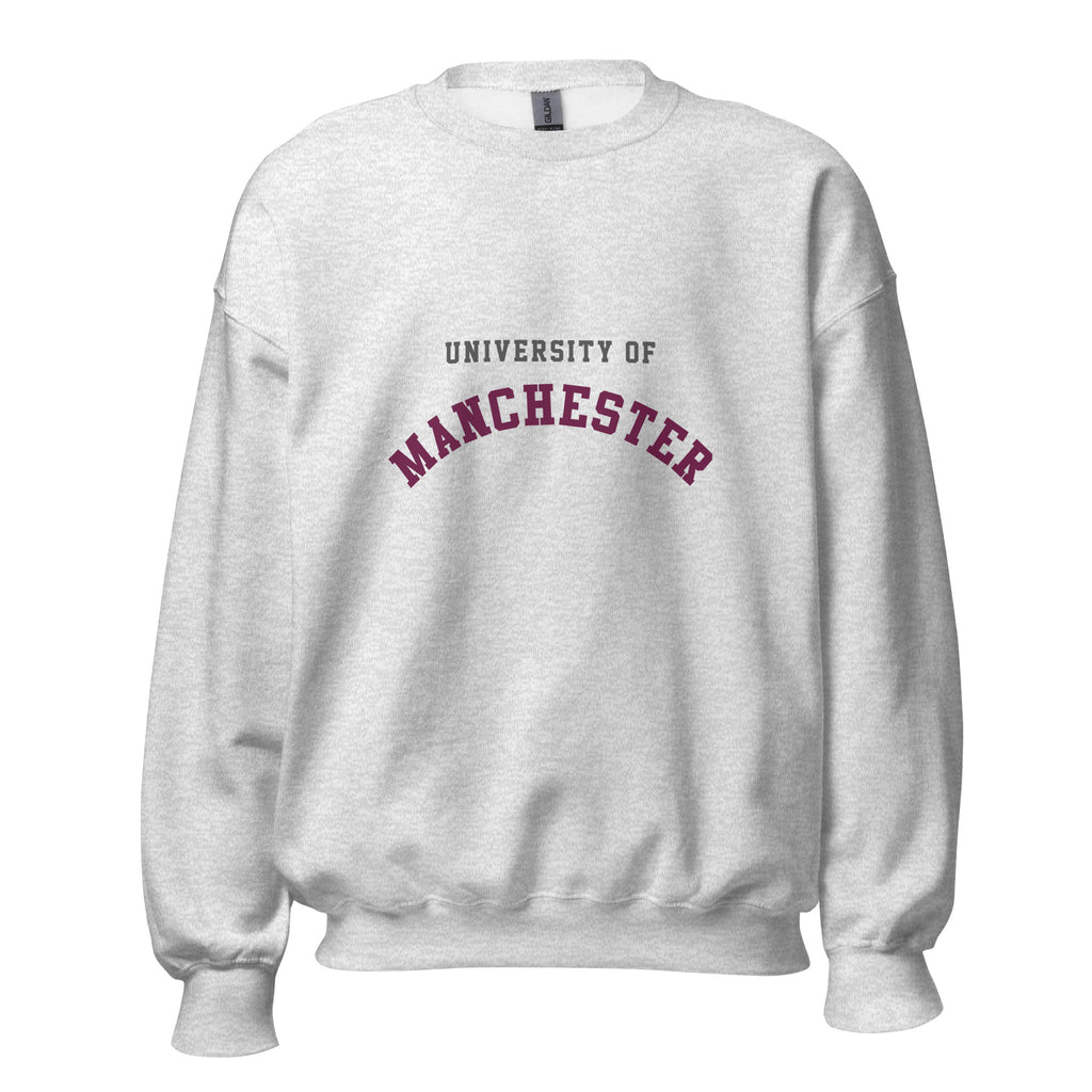 Unisex black sweatshirt featuring University of Manchester logo printed across the front chest