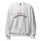 Unisex black sweatshirt featuring University of Manchester logo printed across the front chest