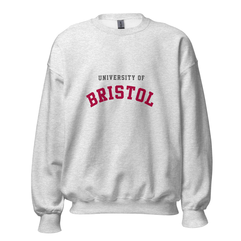 Unisex heather gray sweatshirt featuring University of Bristol logo printed across the front chest