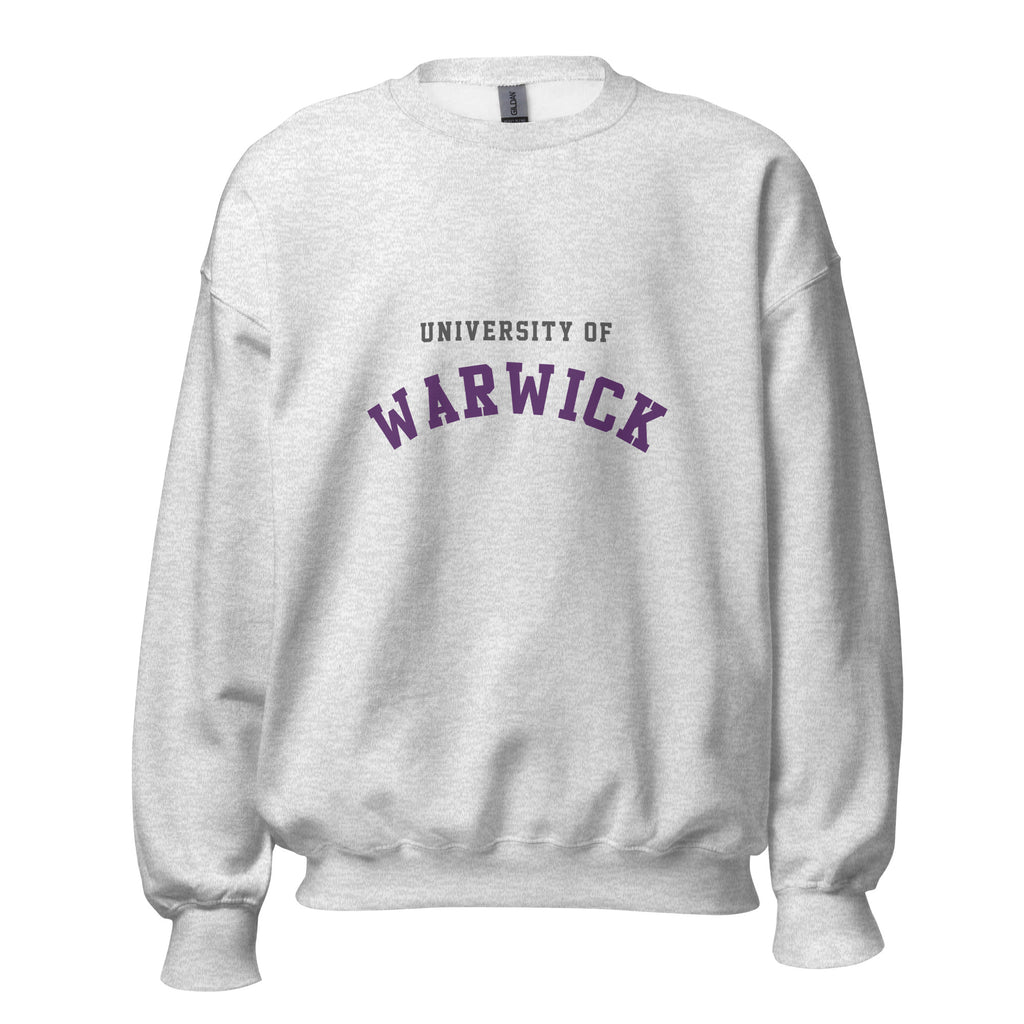 Unisex black sweatshirt featuring University of Warwick logo printed across the front chest
