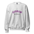 Unisex black sweatshirt featuring Durham University logo printed across the front chest