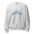 Unisex navy blue sweatshirt featuring University of Sheffield logo printed across the front chest