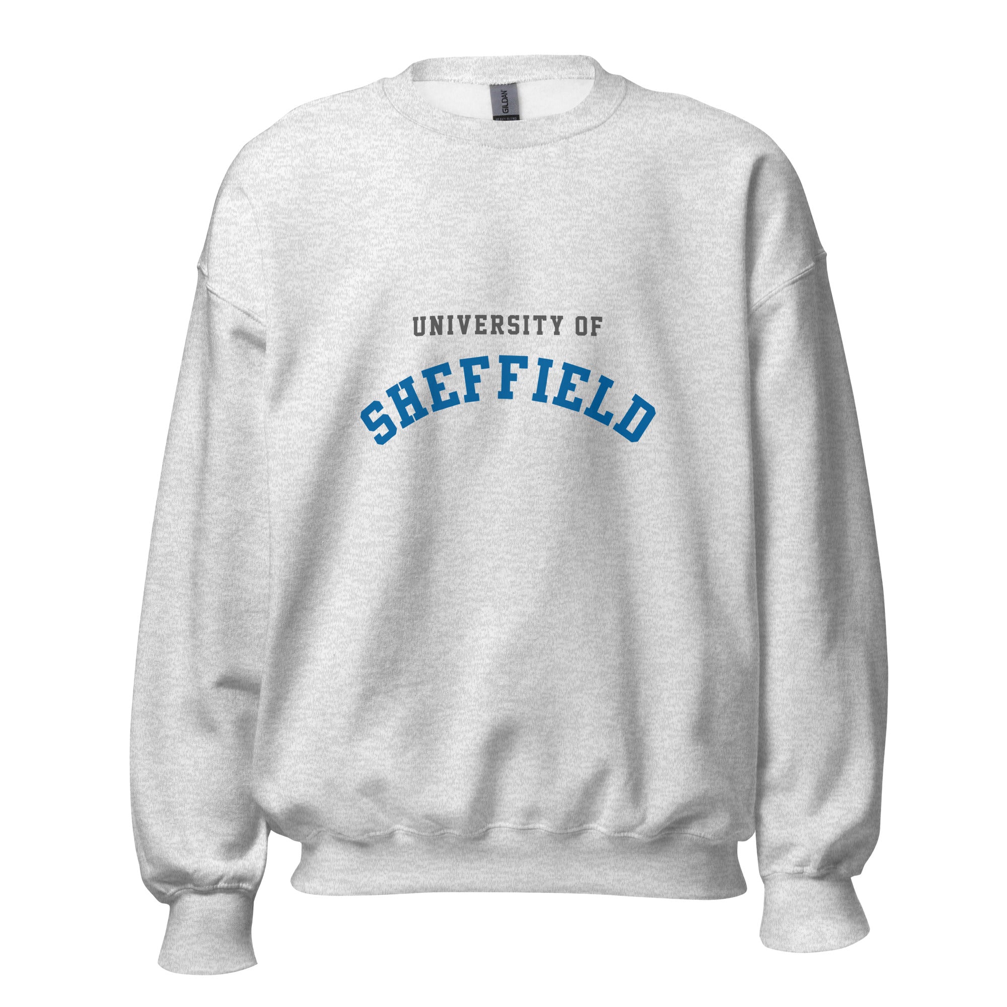 Unisex navy blue sweatshirt featuring University of Sheffield logo printed across the front chest