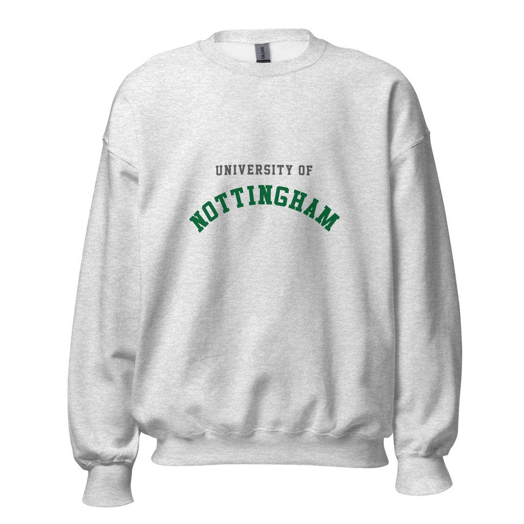 Unisex black sweatshirt featuring University of Nottingham logo printed across the front chest