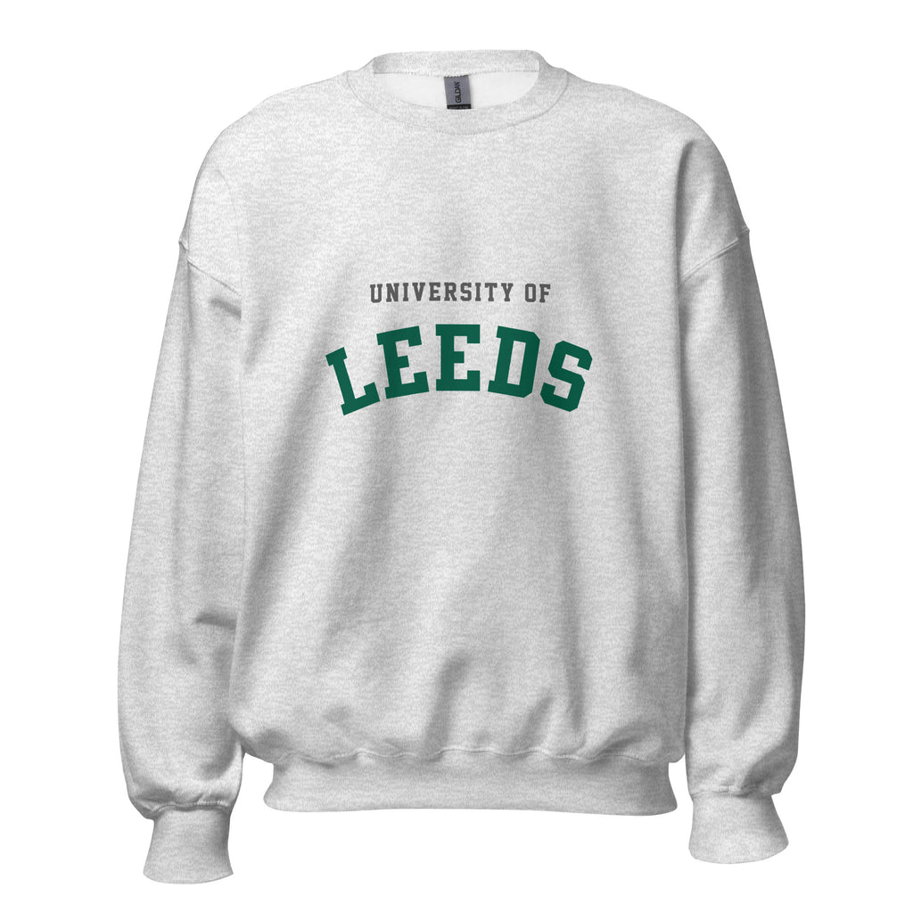 Unisex navy blue sweatshirt featuring University of Leeds logo printed across the front chest