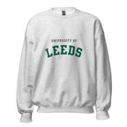 Unisex navy blue sweatshirt featuring University of Leeds logo printed across the front chest