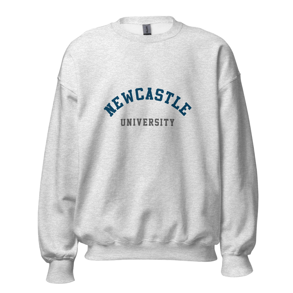 Unisex black sweatshirt featuring Newcastle University logo printed across the front chest