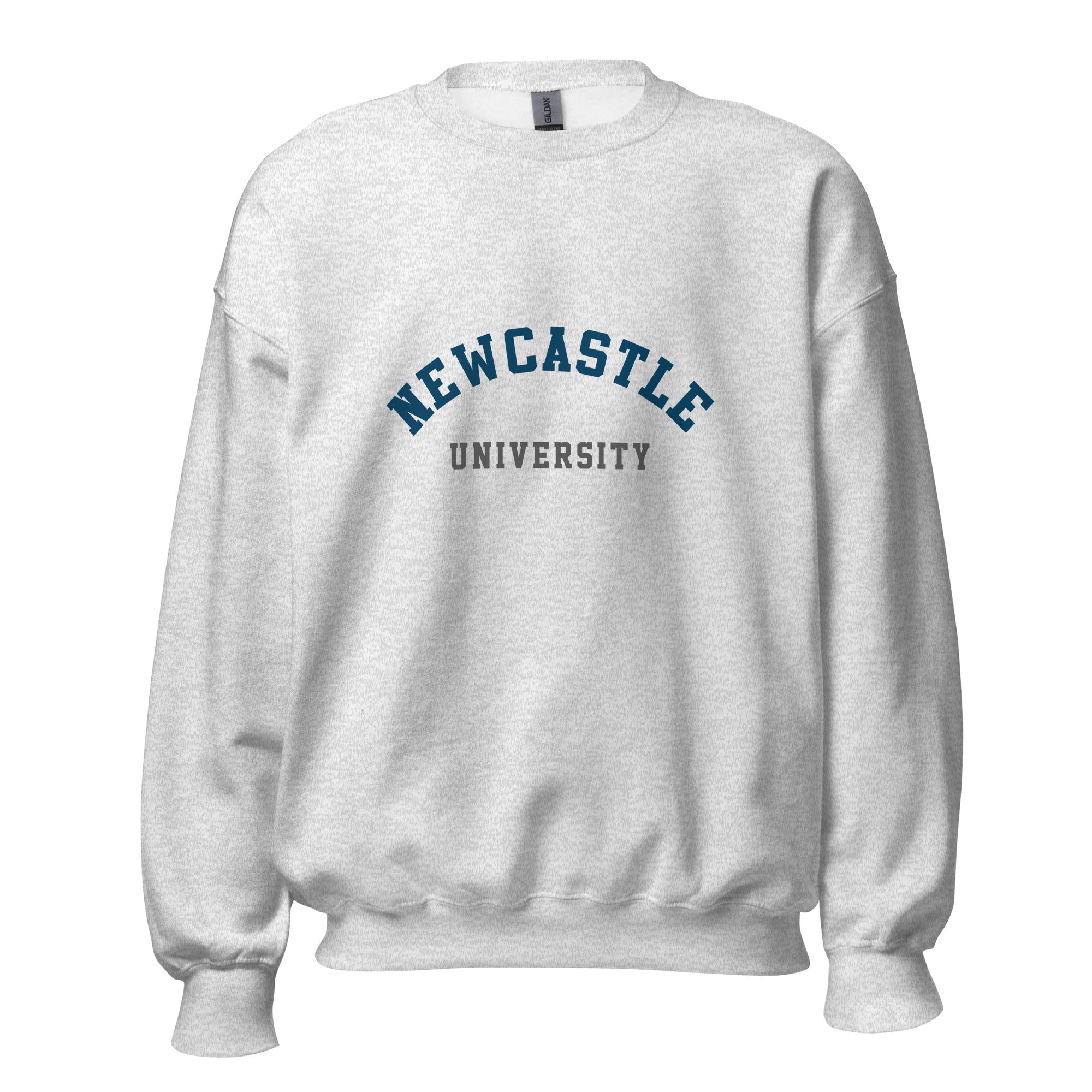Unisex black sweatshirt featuring Newcastle University logo printed across the front chest