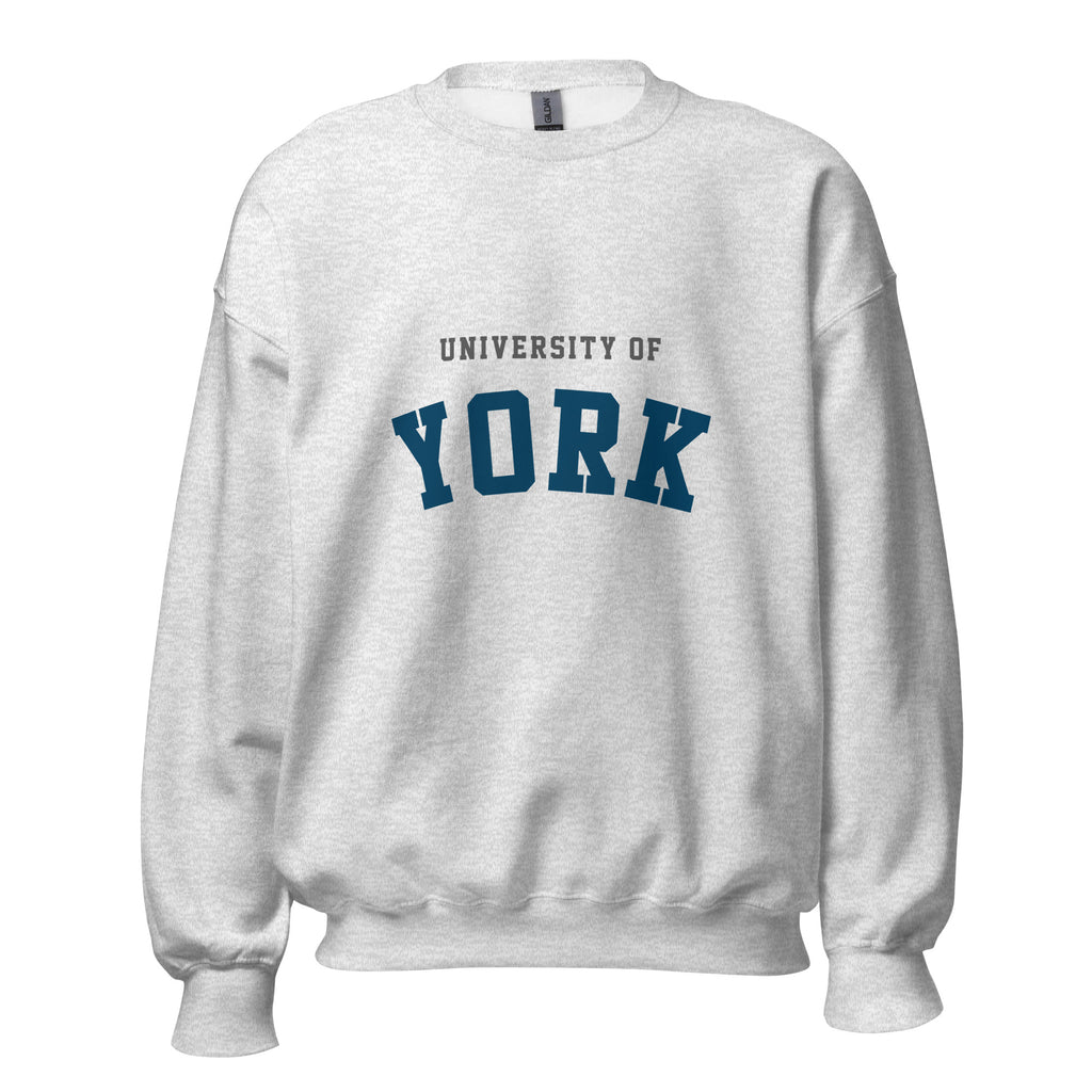 Unisex black sweatshirt featuring University of York logo printed across the front chest