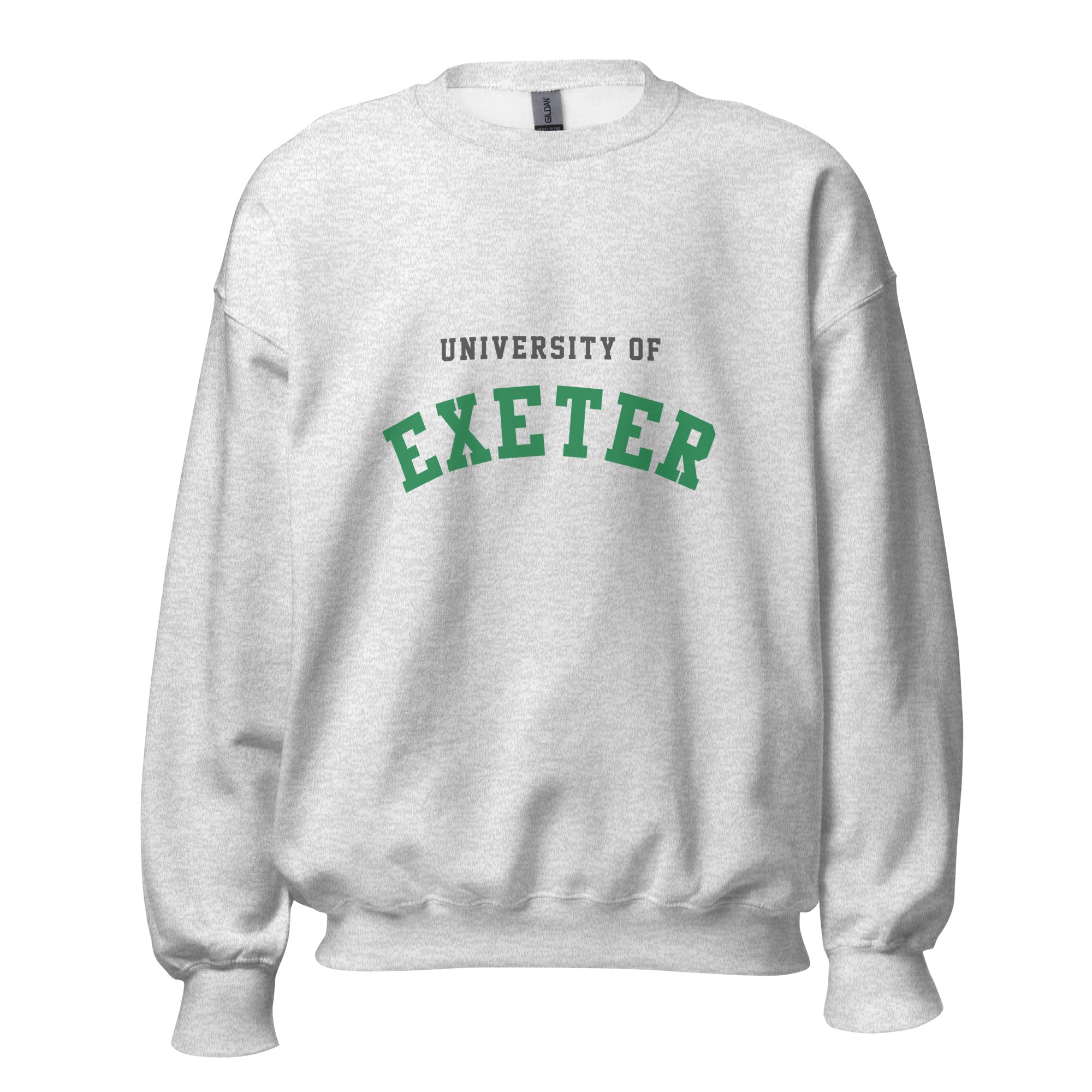 Unisex black sweatshirt featuring University of Exeter logo printed across the front chest