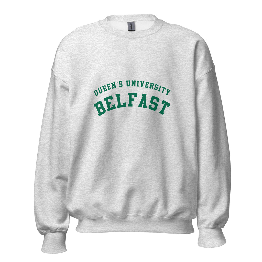 Unisex black sweatshirt featuring Queen's University Belfast logo printed across the front chest