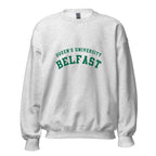 Unisex black sweatshirt featuring Queen's University Belfast logo printed across the front chest